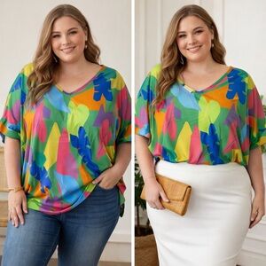 First Love Multicolor Abstract Leaf V-Neck Top
02-0060